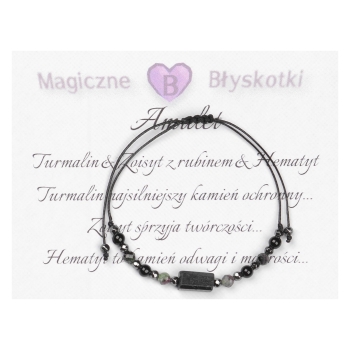 Bransoletka celebrytka czarny TURMALIN ZOISYT Z RUBINEM HEMATYT ochrona